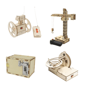 STEM kit box with RC Balance Bot, RC Crane, Mechanical Safe, and Mechanical Maze projects for kids