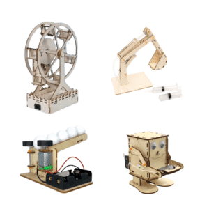 Young Engineers STEM kit box with Ferris Wheel, Coin Eating Robot, Hydraulic Excavator, and Ping Pong Shooter projects