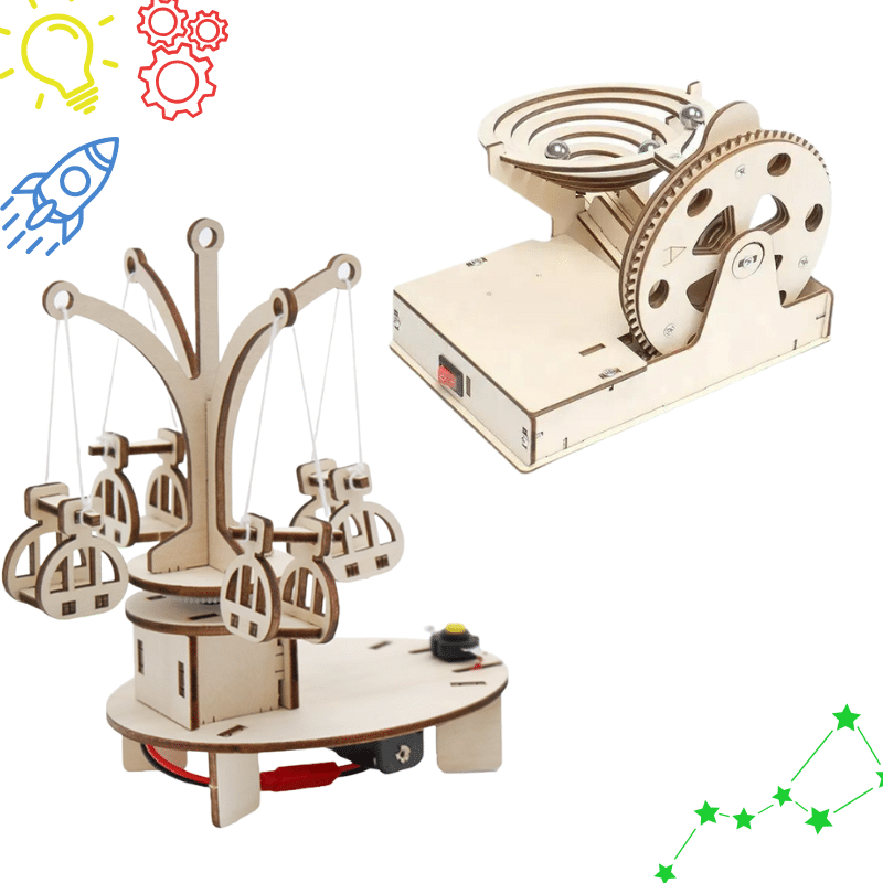 STEM engineering kit with mechanical maze and motorised rotating chairs fairground ride projects for kids