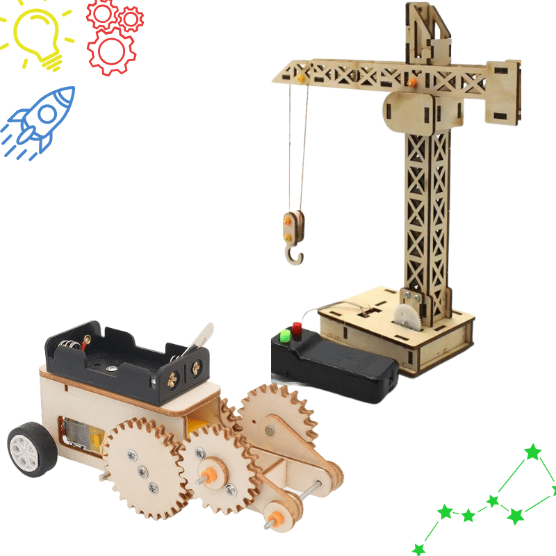 STEM engineering kit with remote controlled crane and gear shuttle car projects for kids