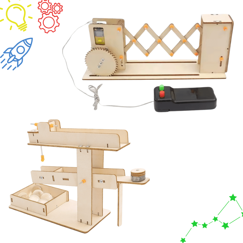 STEM engineering kit with remote controlled gate and ball seesaw projects for kids