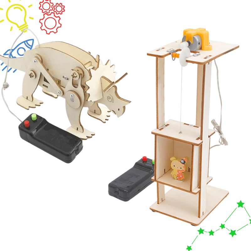 STEM engineering kit with remote controlled walking dinosaur and remote controlled elevator projects for kids