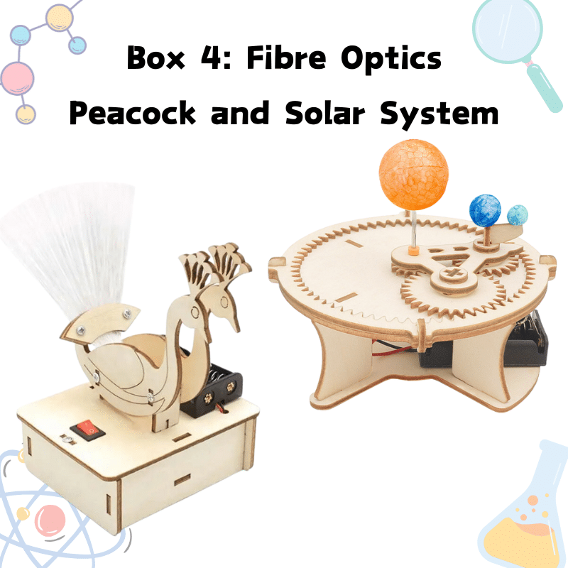 STEM science kit with solar system trisphere model and fibre optic peacock lamp projects for kids