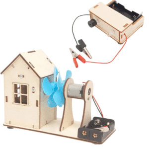 STEM projects showing a wind-powered house model and a conductive material detector device